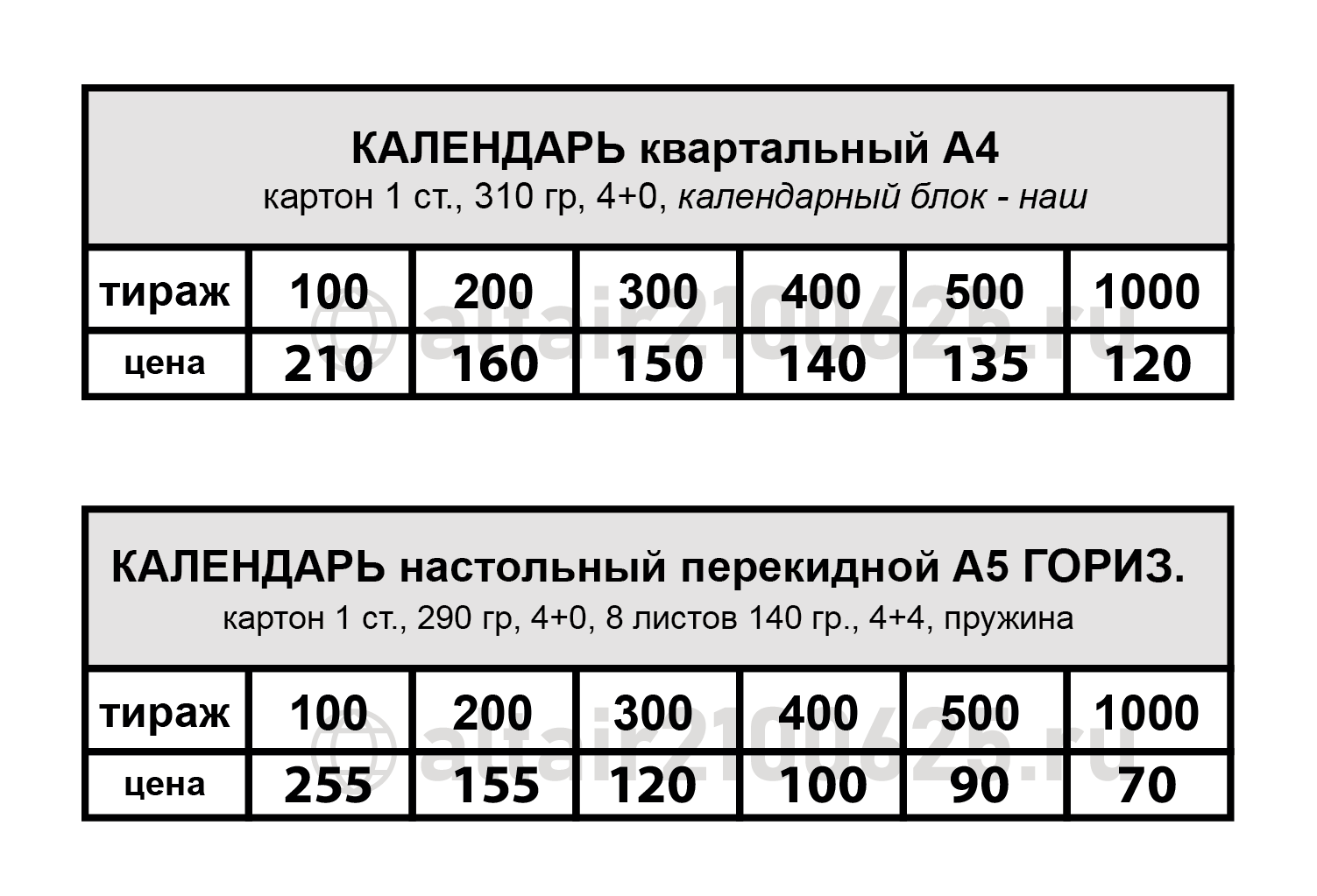 Стоимость изготовления квартального календаря